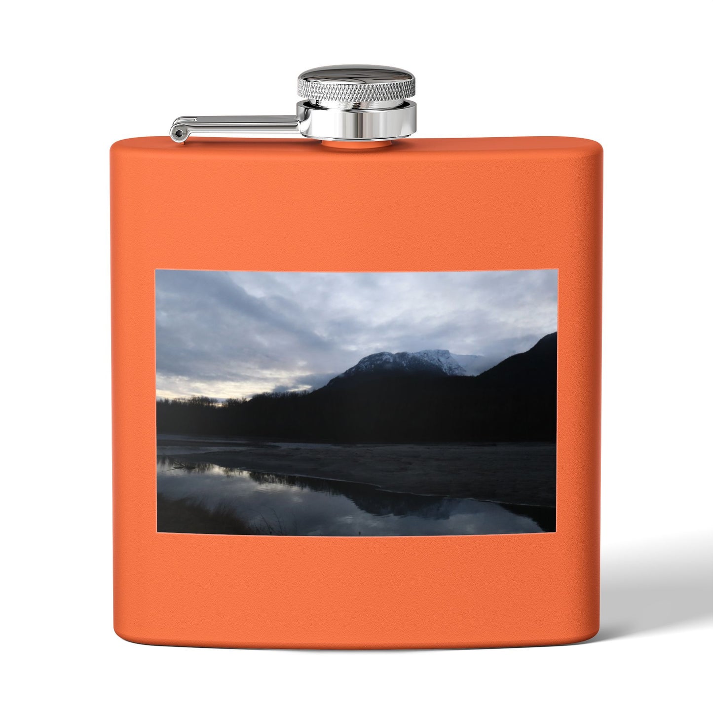 Mountain Lake Evening Stainless Steel Flask — 6oz Wilderness Hip Flask