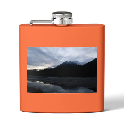 Mountain Lake Evening Stainless Steel Flask — 6oz Wilderness Hip Flask