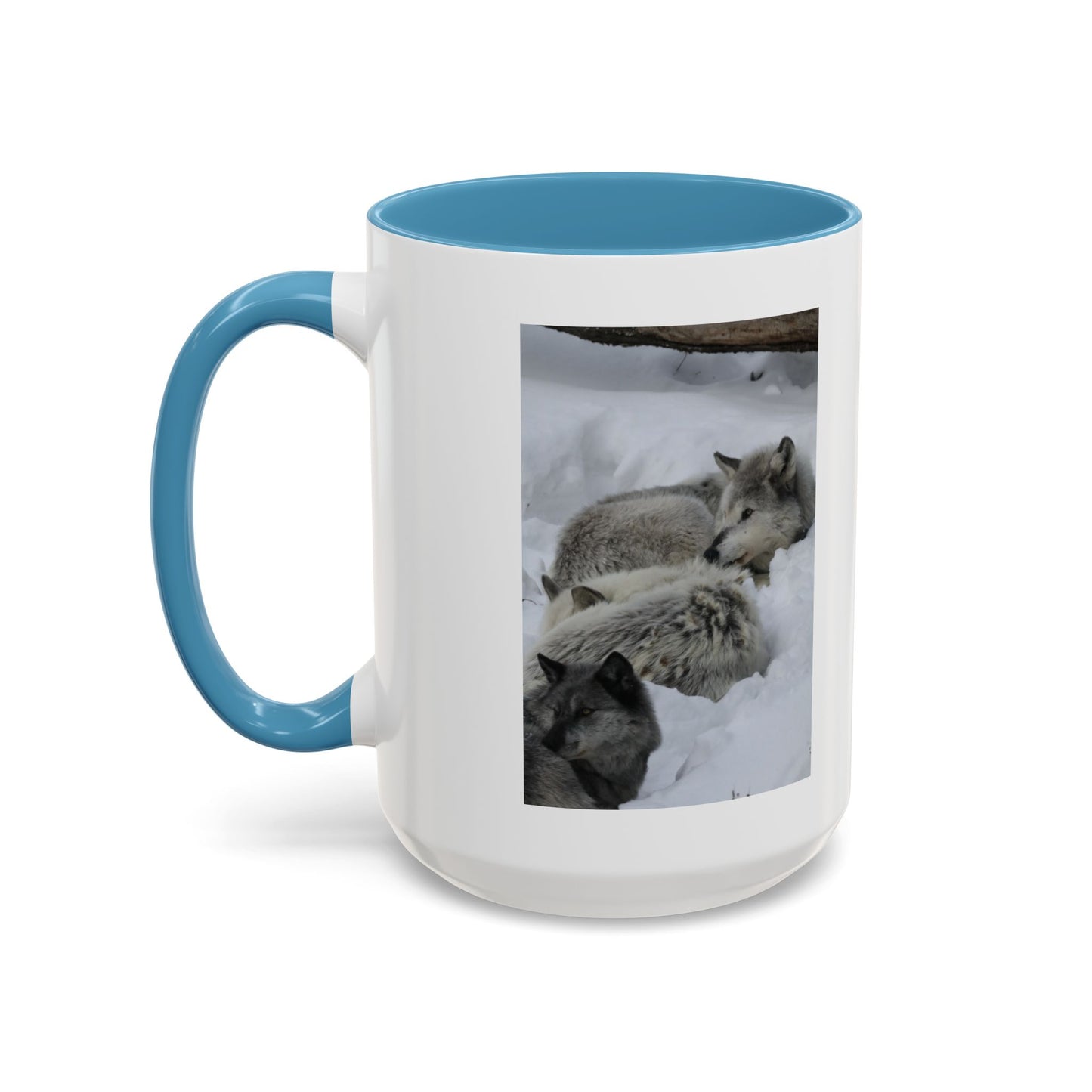 Wolf Pack Coffee Mug – Accent Black Handle 11/15oz, Winter Wildlife Photo