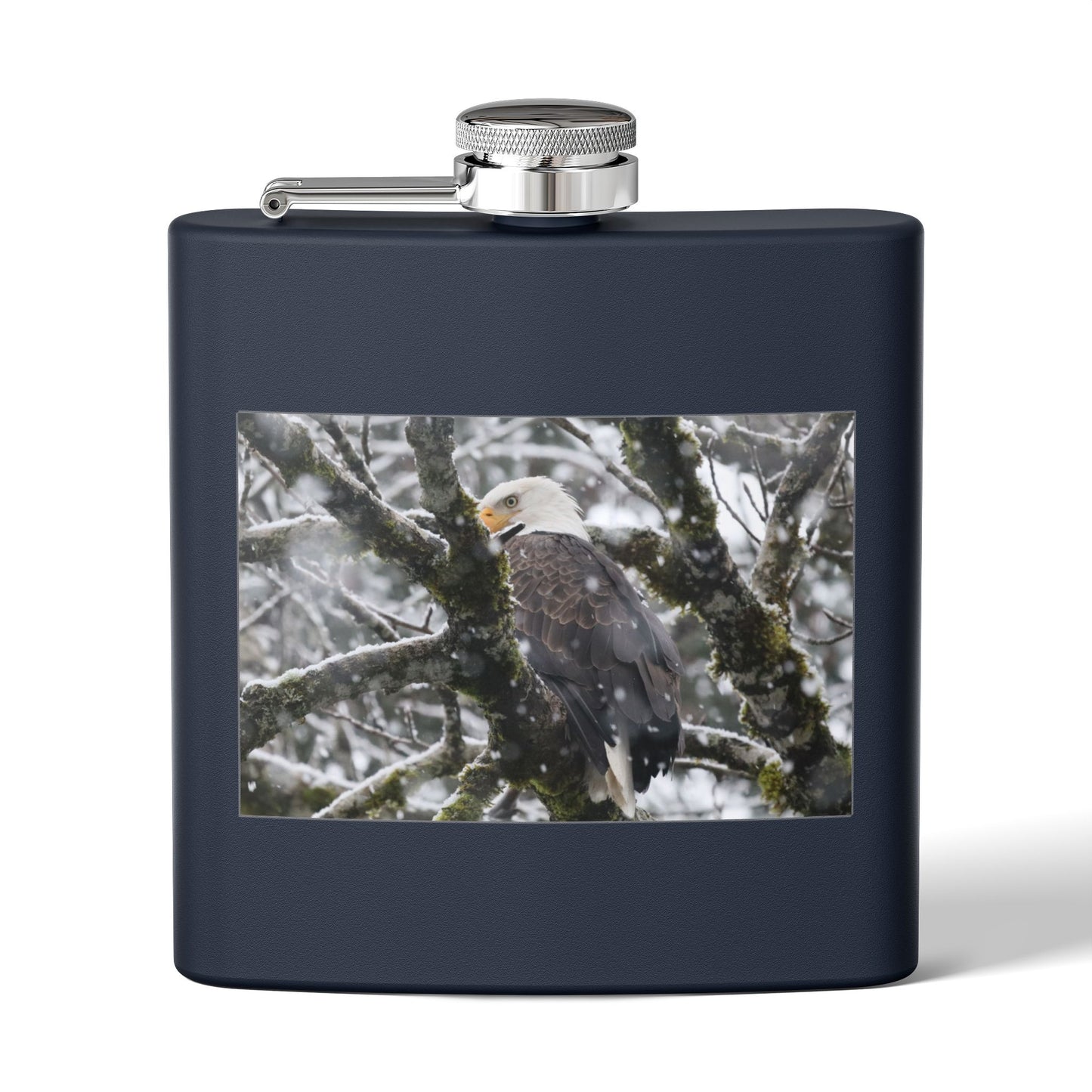 Eagle In Snow 6oz Stainless Steel Hip Flask — Bald Eagle Wildlife Photo Flask, Outdoor Gift for Hunters & Nature Lovers