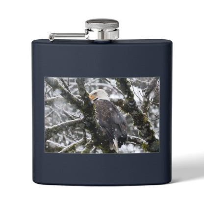 Eagle In Snow 6oz Stainless Steel Hip Flask — Bald Eagle Wildlife Photo Flask, Outdoor Gift for Hunters & Nature Lovers