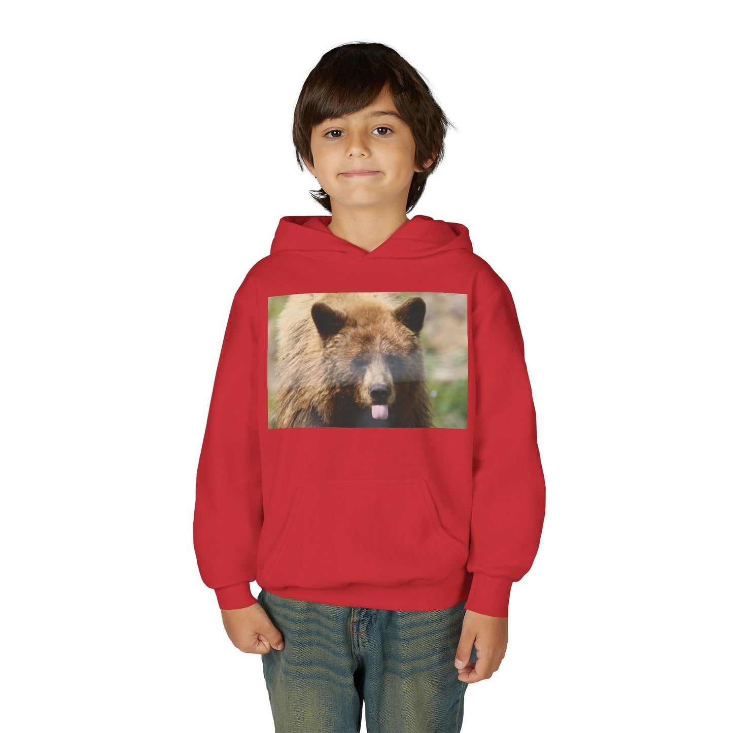 Youth Bear Hoodie — Cute Tongue-Out Bear Photo Kids Pullover