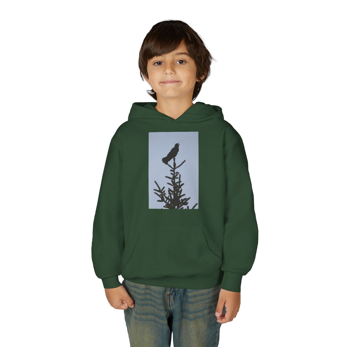 Youth Hoodie with Raven Silhouette on Pine — Cozy Nature Kids Sweatshirt