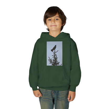 Youth Hoodie with Raven Silhouette on Pine — Cozy Nature Kids Sweatshirt
