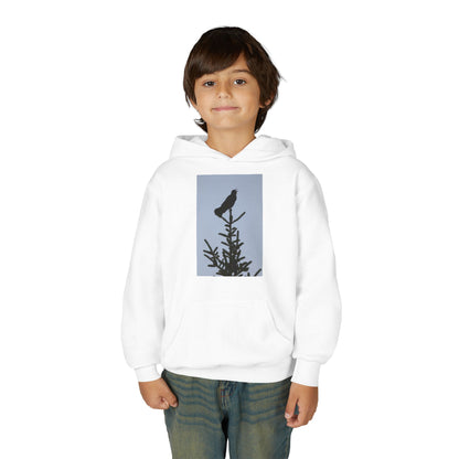 Youth Hoodie with Raven Silhouette on Pine — Cozy Nature Kids Sweatshirt