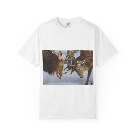 Antler Clash: Winter Wildlife Encounter, Dramatic Nature Photographyphotography shirts