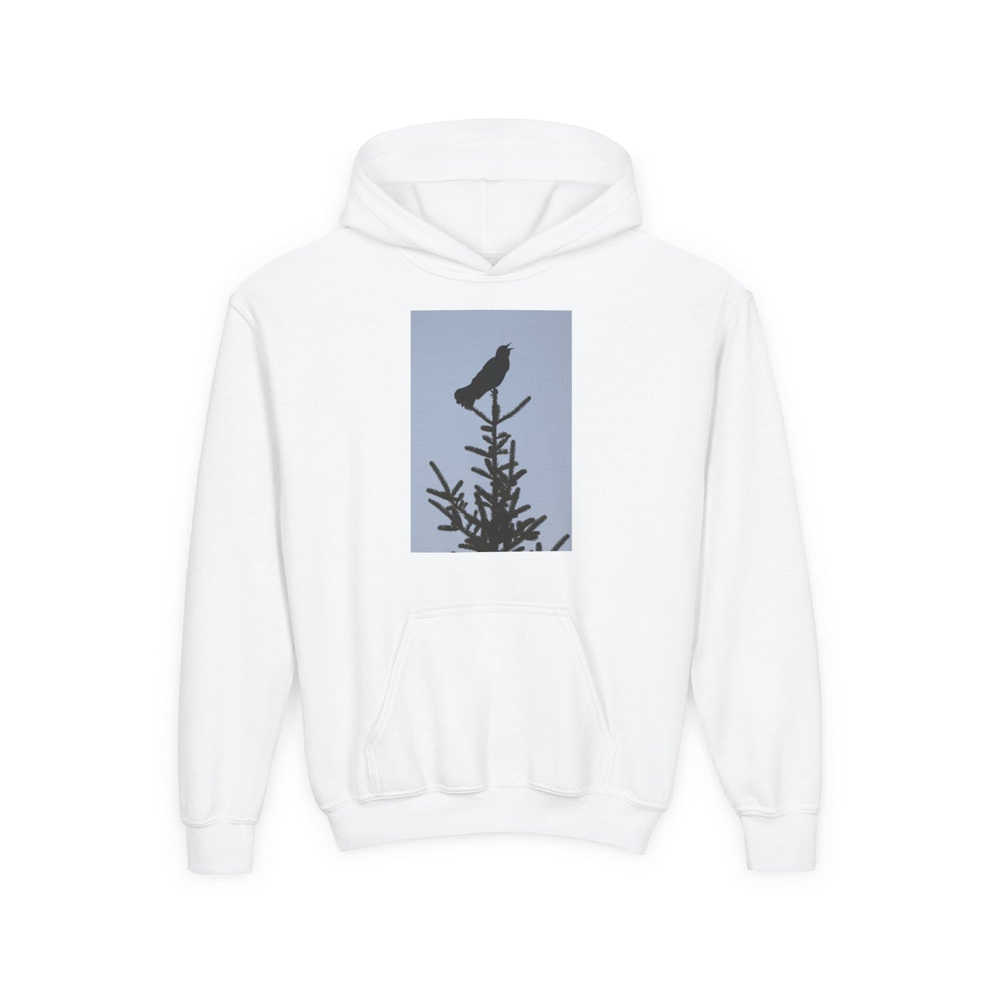 Youth Hoodie with Raven Silhouette on Pine — Cozy Nature Kids Sweatshirt