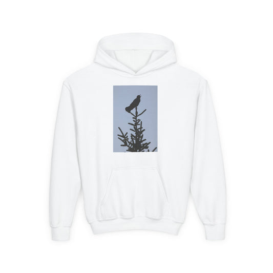 Youth Hoodie with Raven Silhouette on Pine — Cozy Nature Kids Sweatshirt