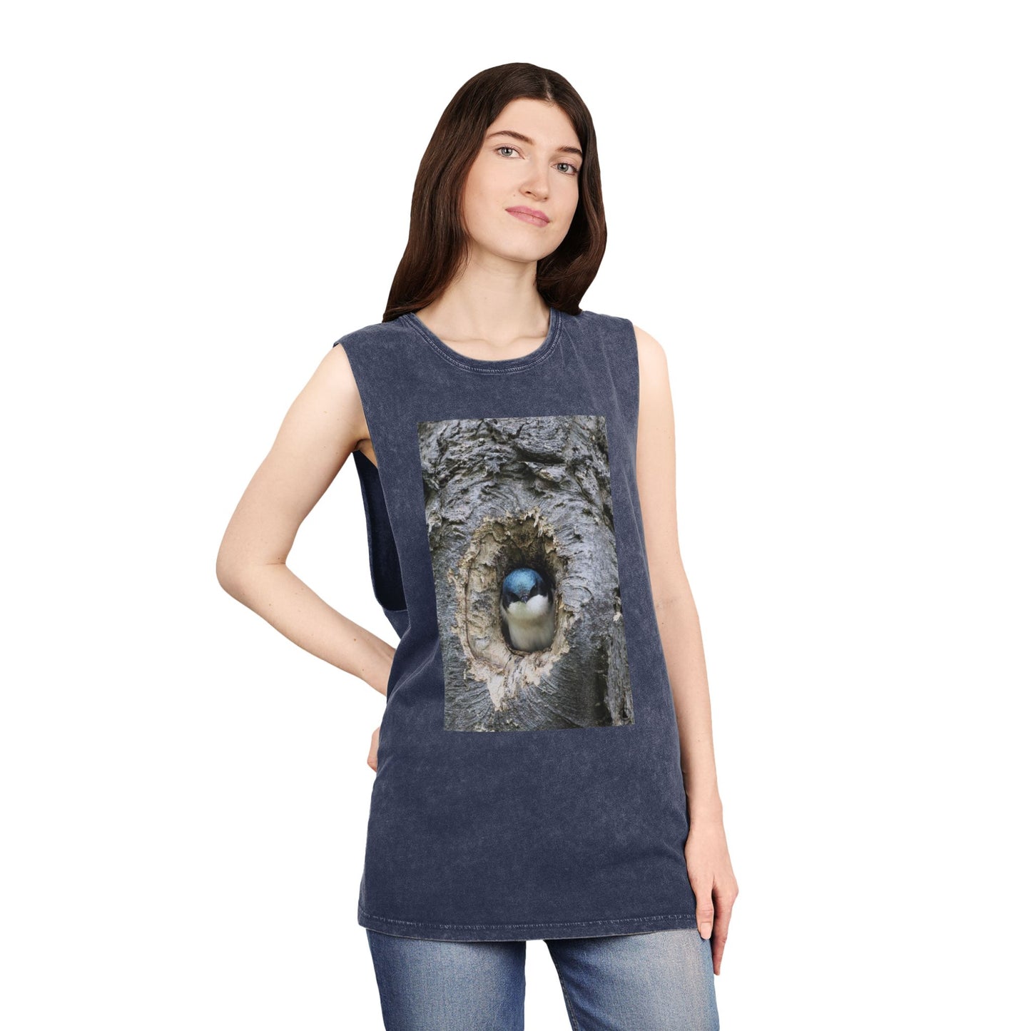 Bird Nest Photo Tank Top — Stonewash Sleeveless Tee with Chick in Hollow Tree