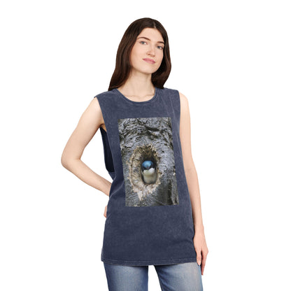 Bird Nest Photo Tank Top — Stonewash Sleeveless Tee with Chick in Hollow Tree