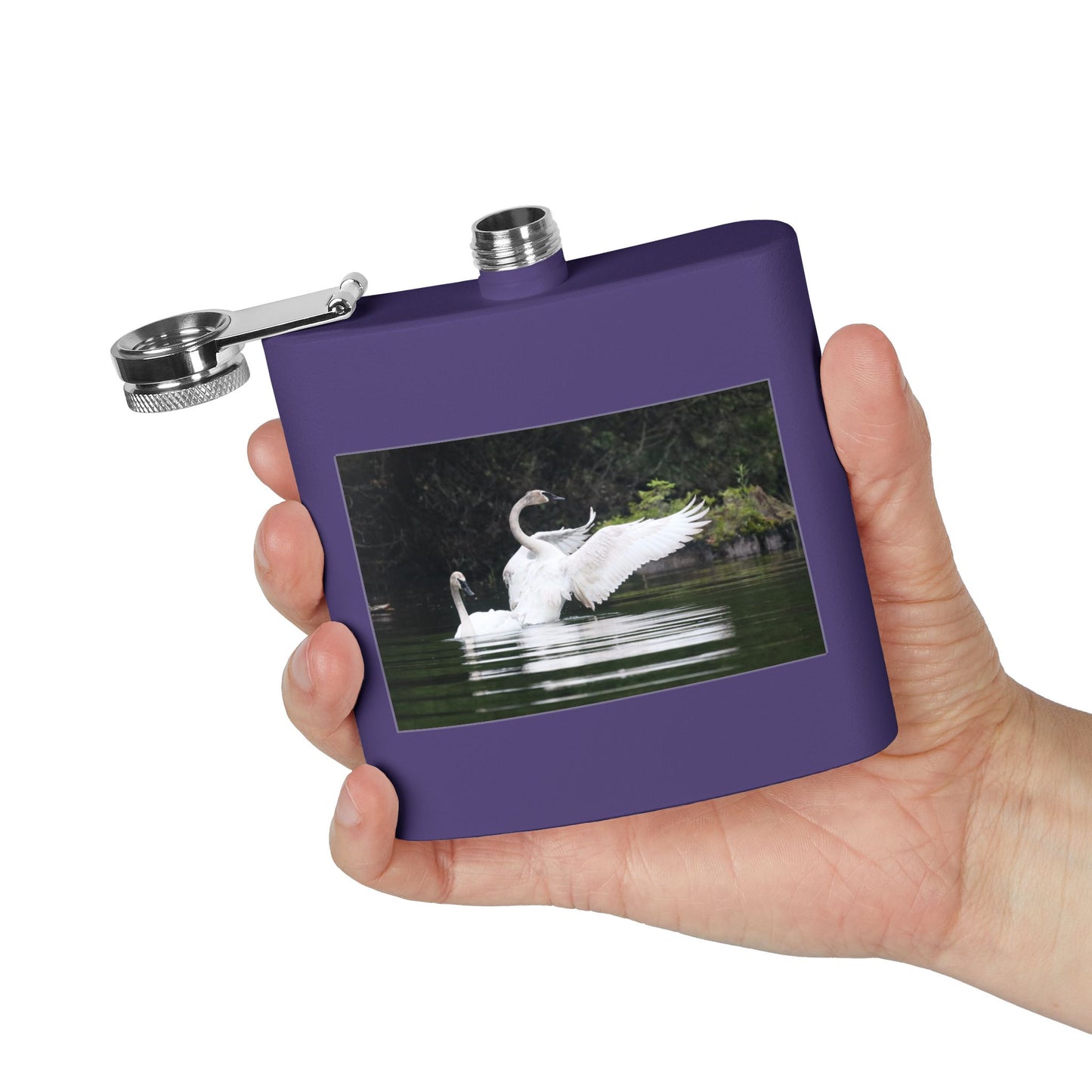 Swan Pair 6oz Stainless Steel Flask — Elegant Wildlife Photo Hip Flask
