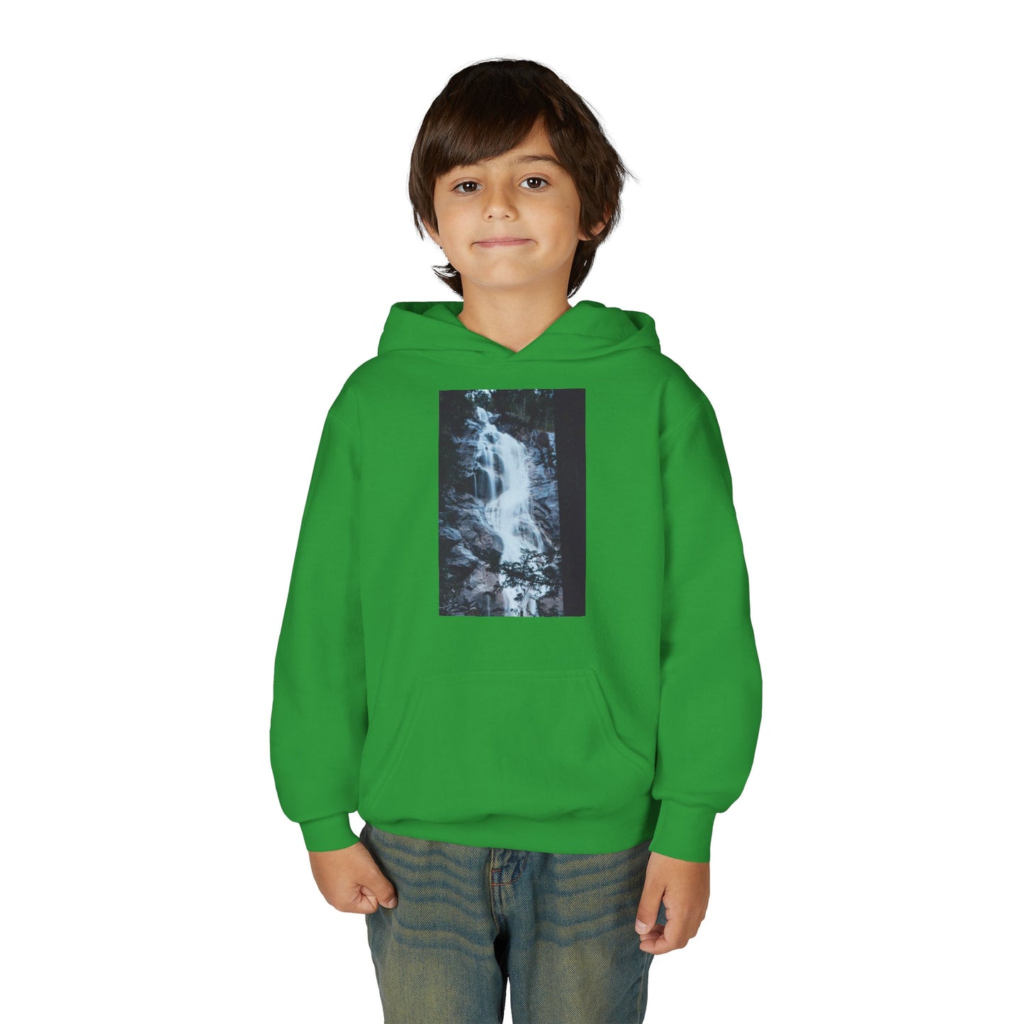 Youth Waterfall Hoodie — Scenic Nature Graphic Sweatshirt