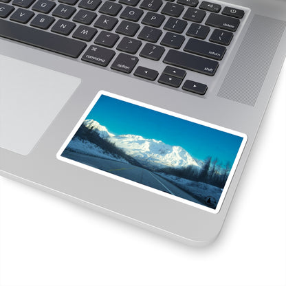 Mountain Road Scenic Kiss-Cut Sticker — Winter Landscape Laptop Decal