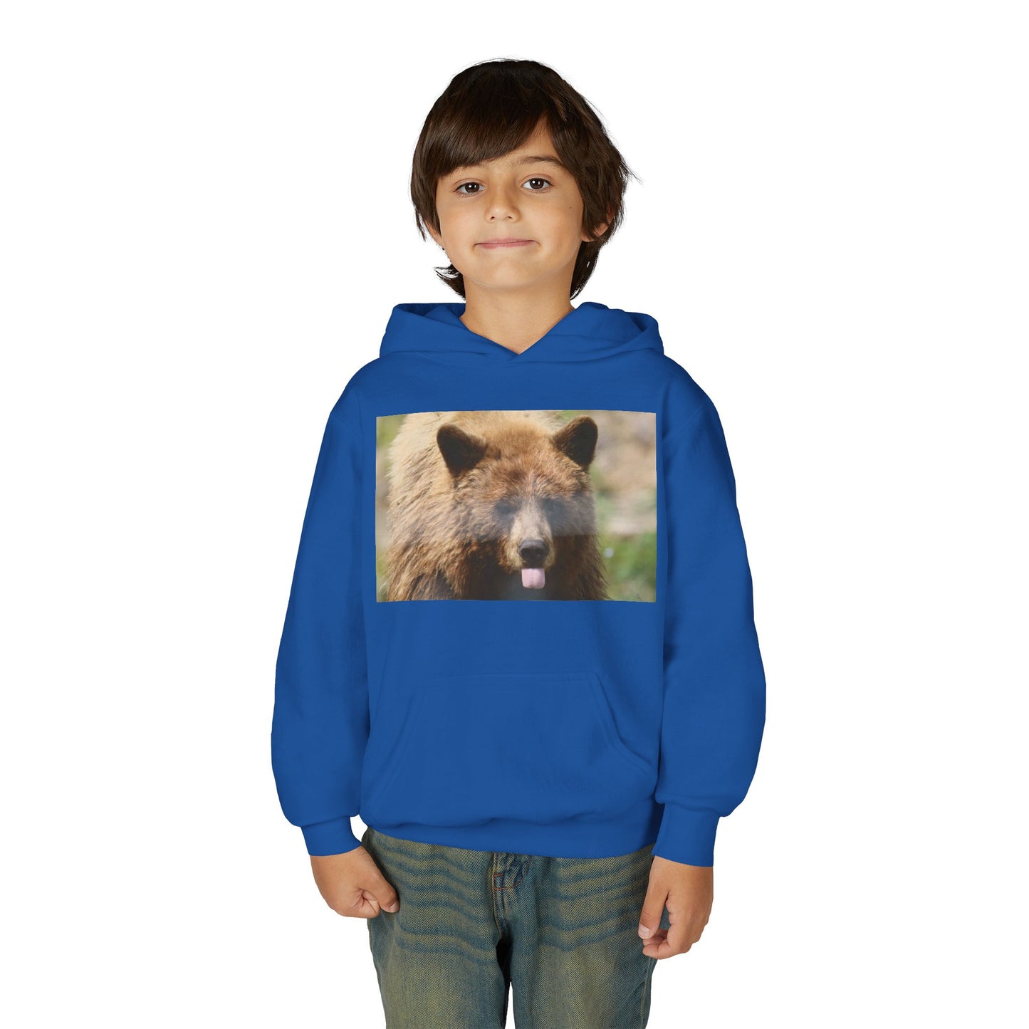 Youth Bear Hoodie — Cute Tongue-Out Bear Photo Kids Pullover