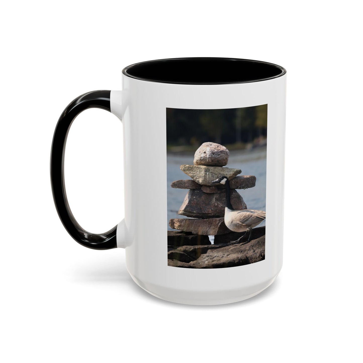 Seaside Rock Cairn Accent Coffee Mug — Coastal Bird & Stacked Stones Photo (11/15oz)