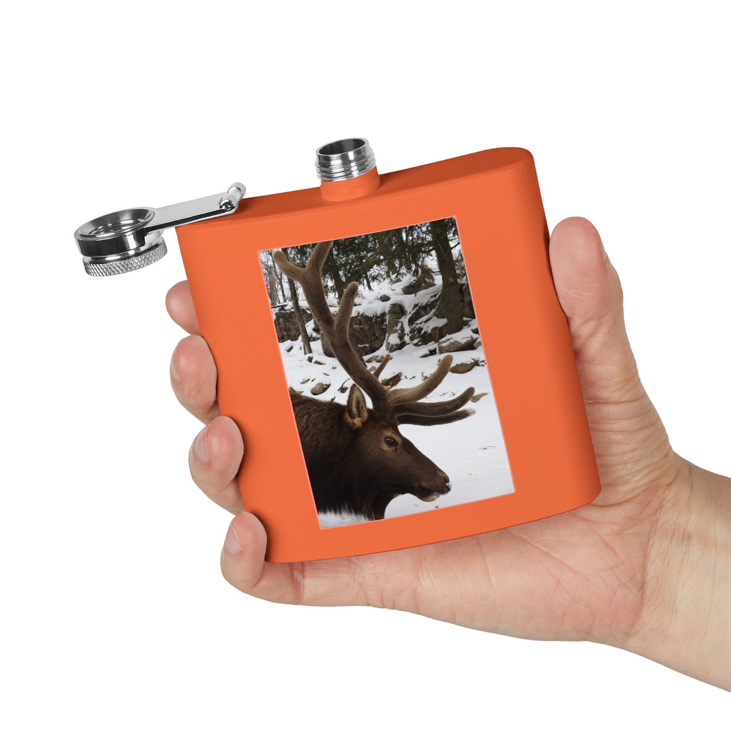 6oz Stainless Steel Flask – Winter Elk Photo Hip Flask, Outdoor Hunting Gift