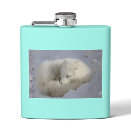 White Arctic Fox Flask — 6oz Stainless Steel Hip Flask with Sleeping Fox Photo
