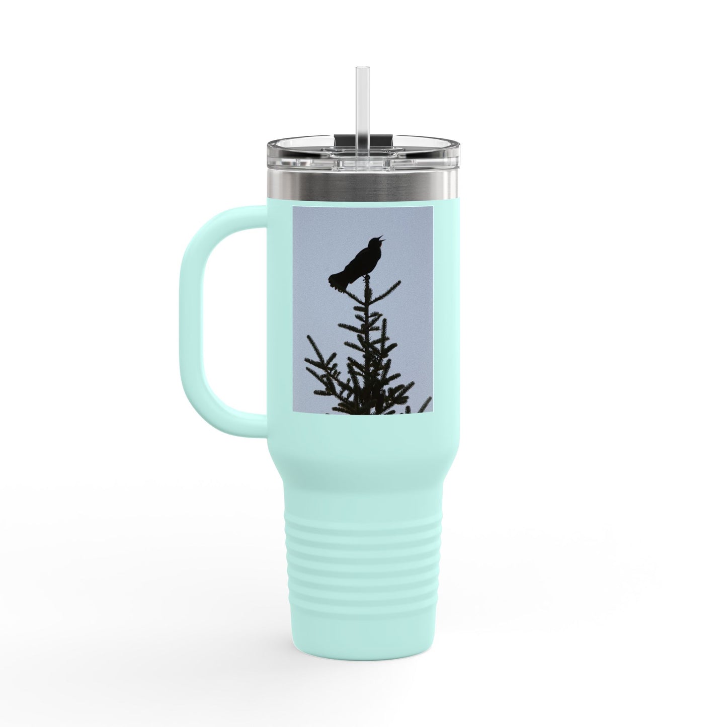 40oz Insulated Travel Mug — Raven Silhouette on Pine (Outdoor Nature Tumbler)