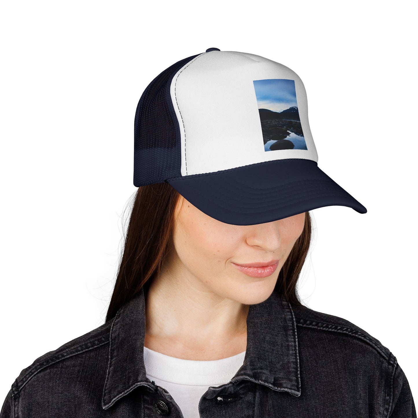 Mountain Lake Trucker Hat — Scenic Nature Photo Cap