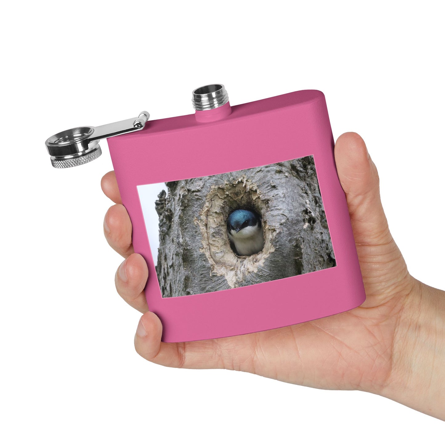 6oz Stainless Steel Flask with Tree Swallow Nest Photo — Nature Lover Gift