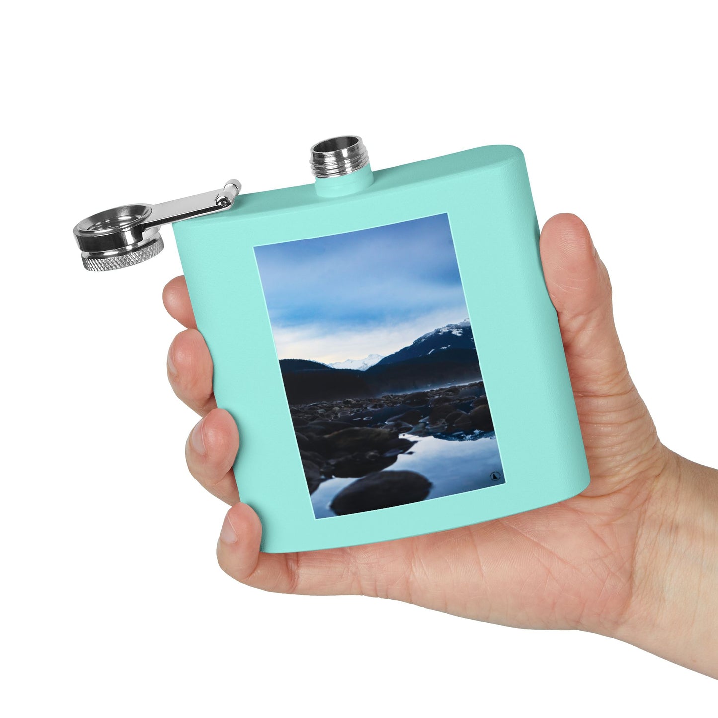 6oz Stainless Steel Flask — Mountain Lake Landscape Photo