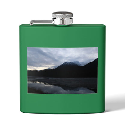 Mountain Lake Evening Stainless Steel Flask — 6oz Wilderness Hip Flask