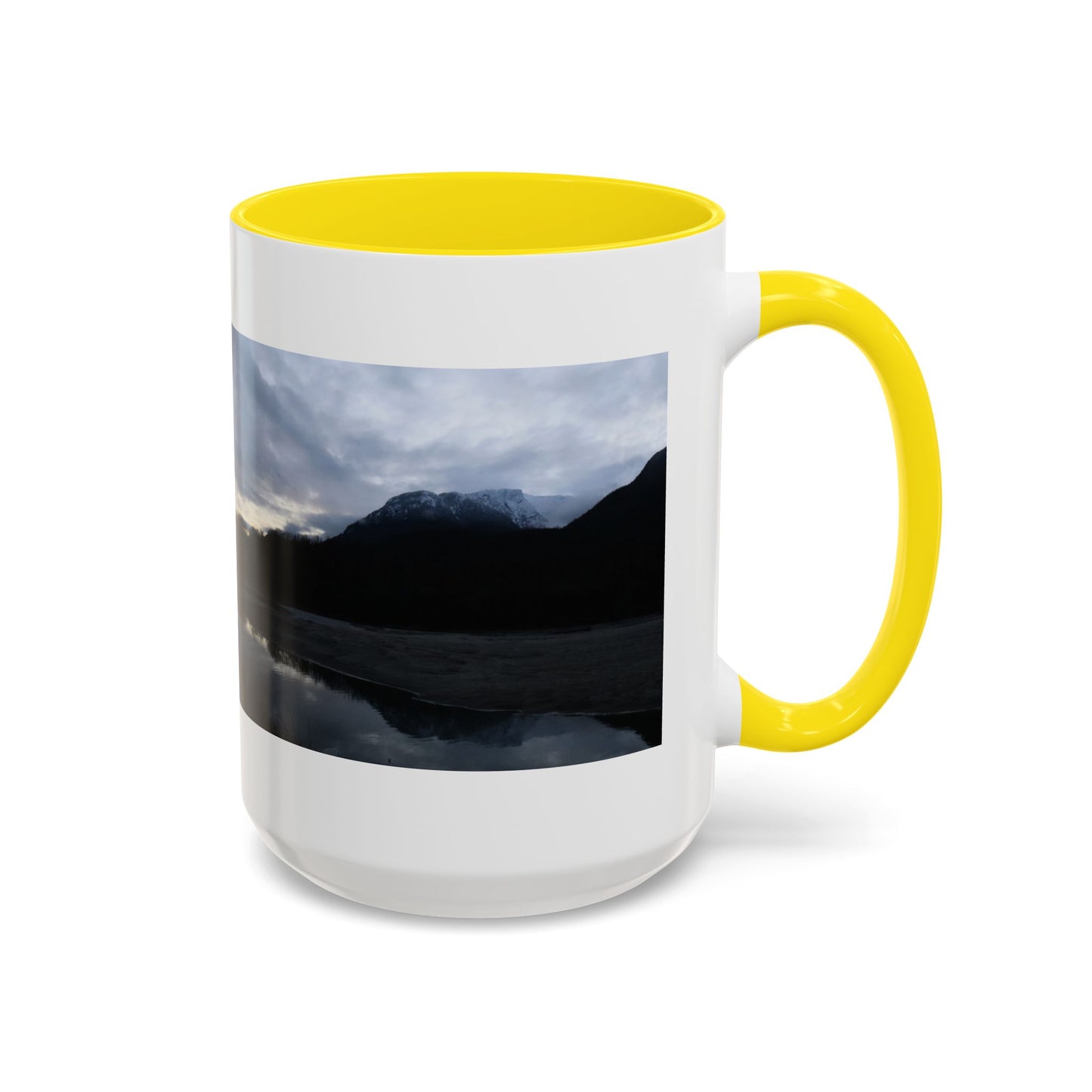 Scenic Mountain Lake Accent Coffee Mug — Moody Sunset Reflection (11oz & 15oz)