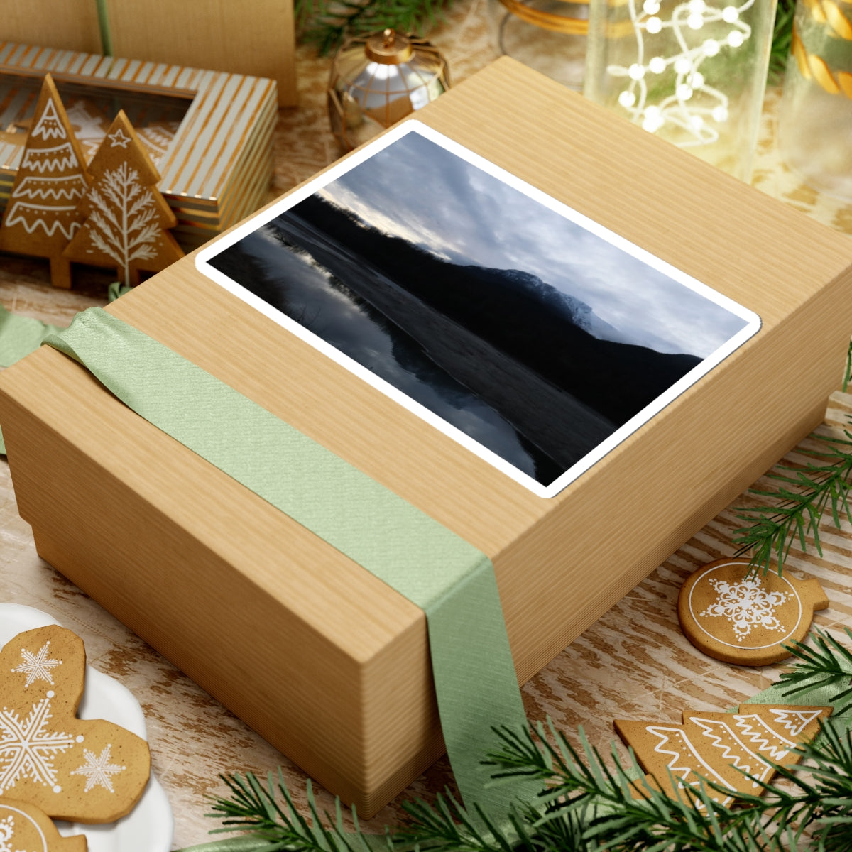 Mountain Reflection Kiss-Cut Sticker — Moody Lake Sunset Nature Decal