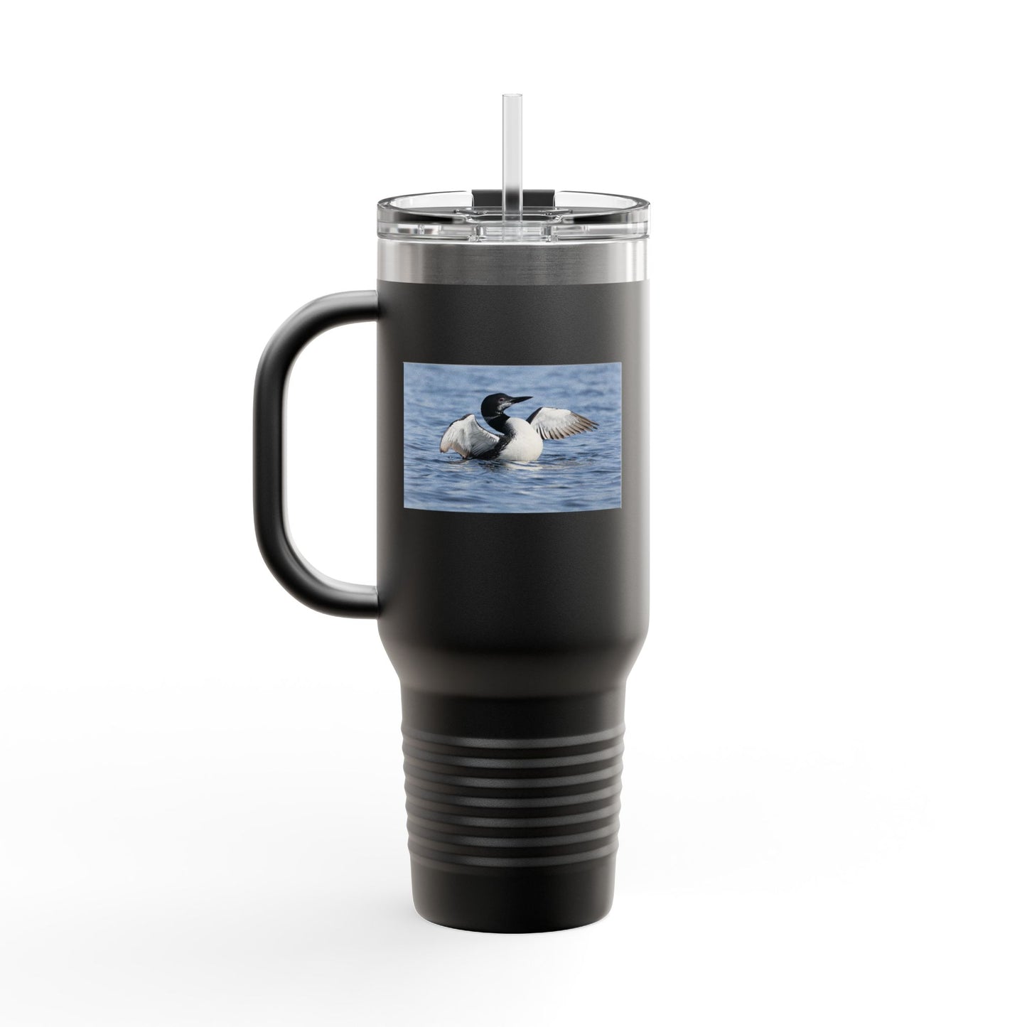 40oz Insulated Travel Mug with Loon Photo – Large Handle, Cold/Hot Beverage Tumbler