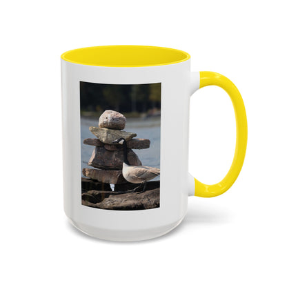 Seaside Rock Cairn Accent Coffee Mug — Coastal Bird & Stacked Stones Photo (11/15oz)