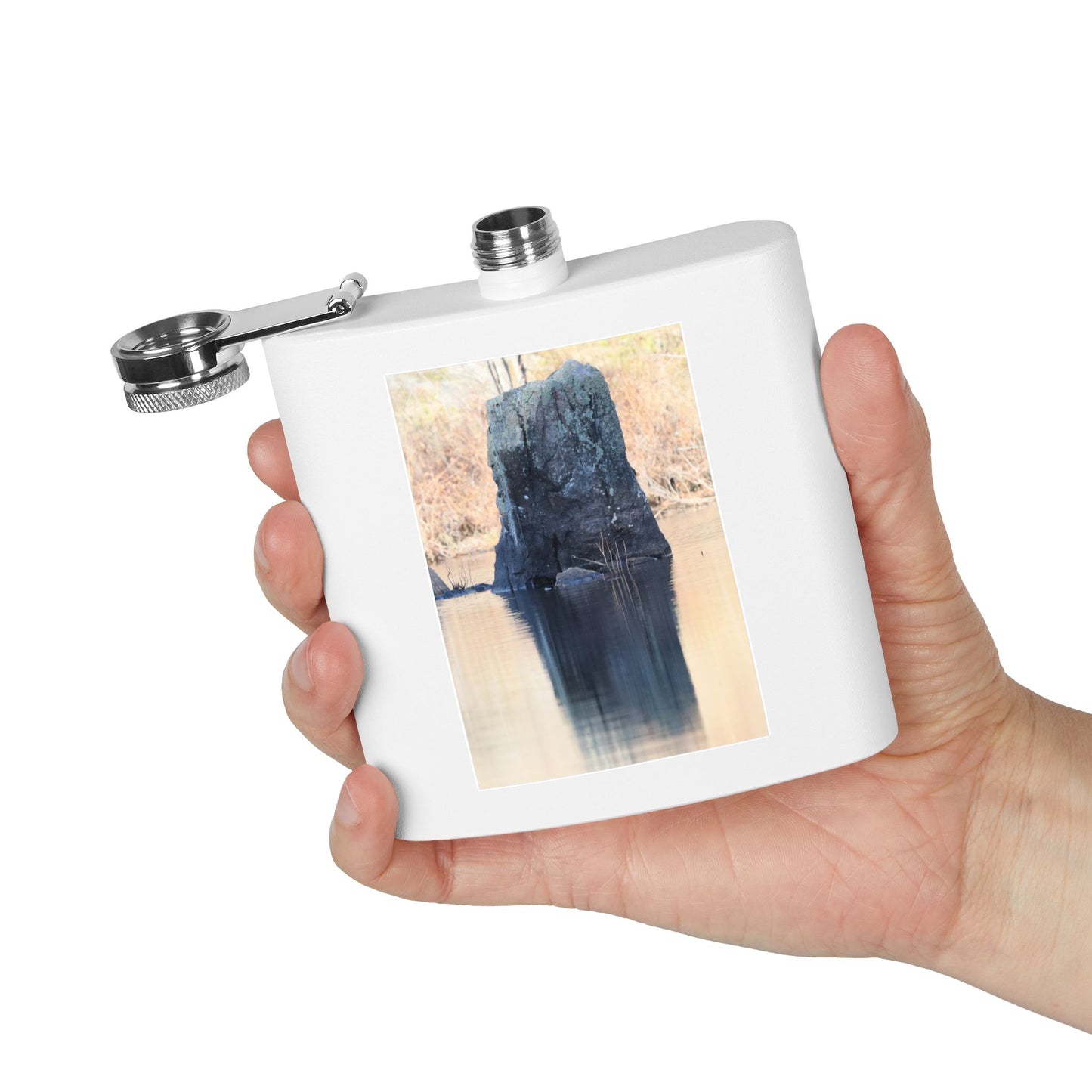 6oz Stainless Steel Flask with Tranquil Lake Rock Photo – Portable Outdoor Hip Flask