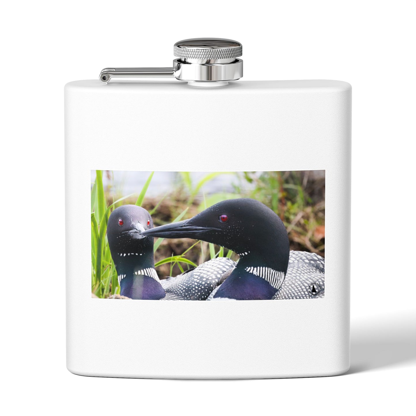 6oz Stainless Steel Flask — Loon Pair Nature Photo Flask for Outdoors & Gifts