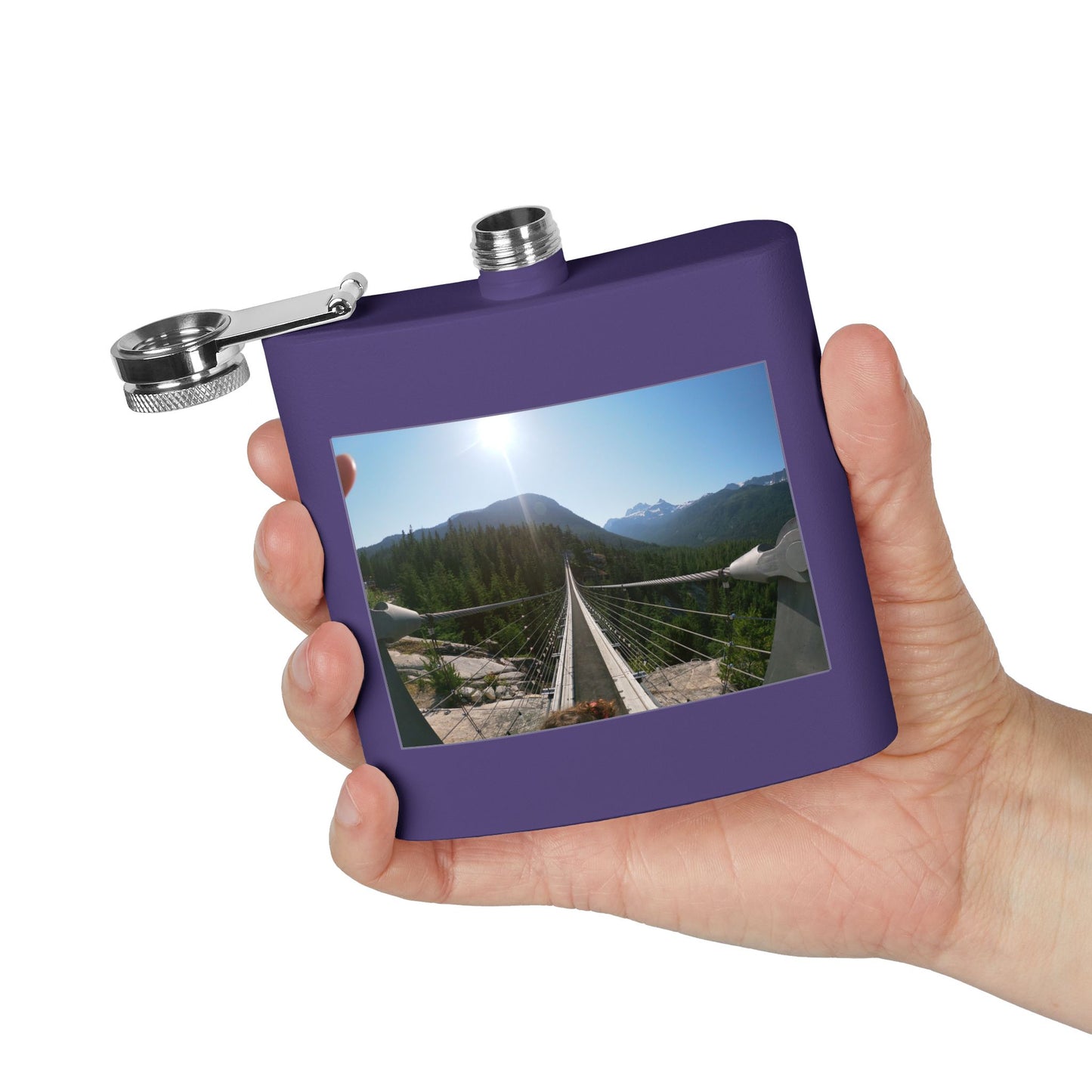 6oz Stainless Steel Flask with Mountain Suspension Bridge Photo — Outdoor Adventure Gift