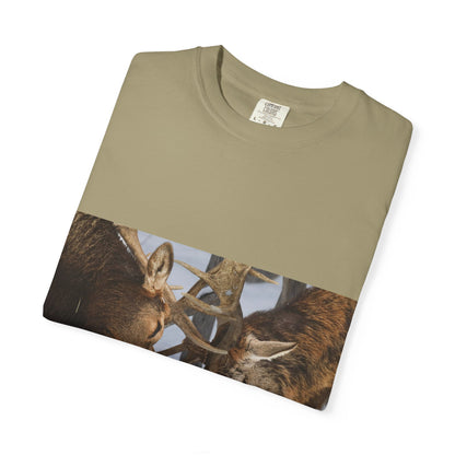 Antler Clash: Winter Wildlife Encounter, Dramatic Nature Photographyphotography shirts