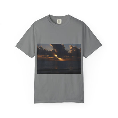 Dawn's Luminous Horizon: Seascape Sunrise, Coastal Cloudscape Panoramaphotography shirts