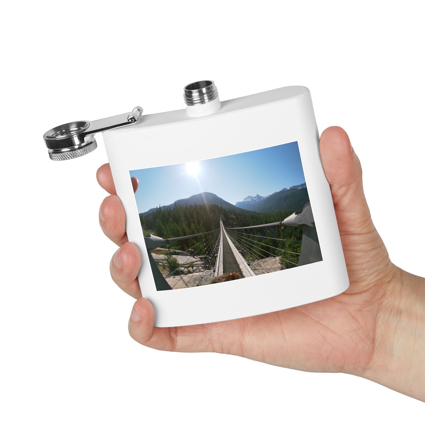 6oz Stainless Steel Flask with Mountain Suspension Bridge Photo — Outdoor Adventure Gift
