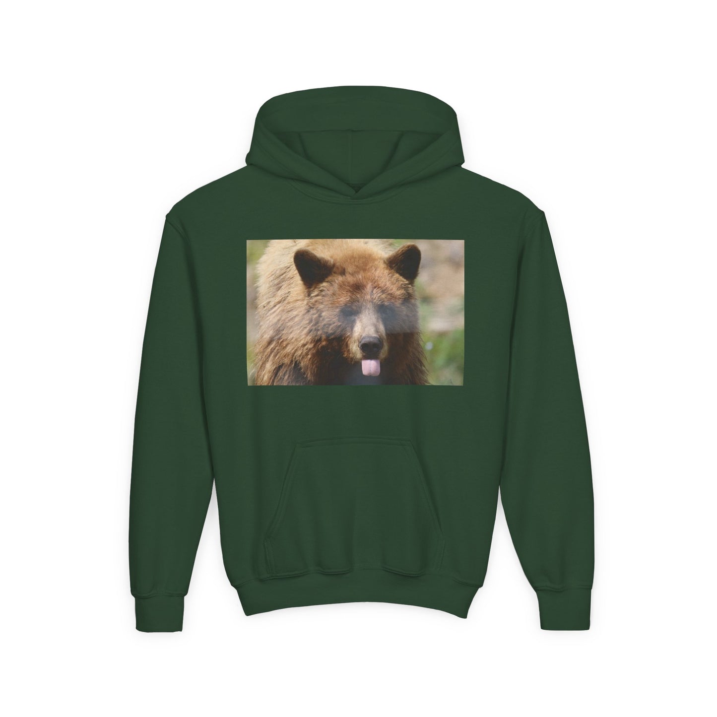 Youth Bear Hoodie — Cute Tongue-Out Bear Photo Kids Pullover