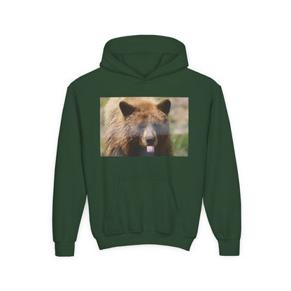Youth Bear Hoodie — Cute Tongue-Out Bear Photo Kids Pullover