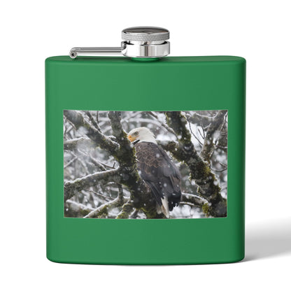 Eagle In Snow 6oz Stainless Steel Hip Flask — Bald Eagle Wildlife Photo Flask, Outdoor Gift for Hunters & Nature Lovers