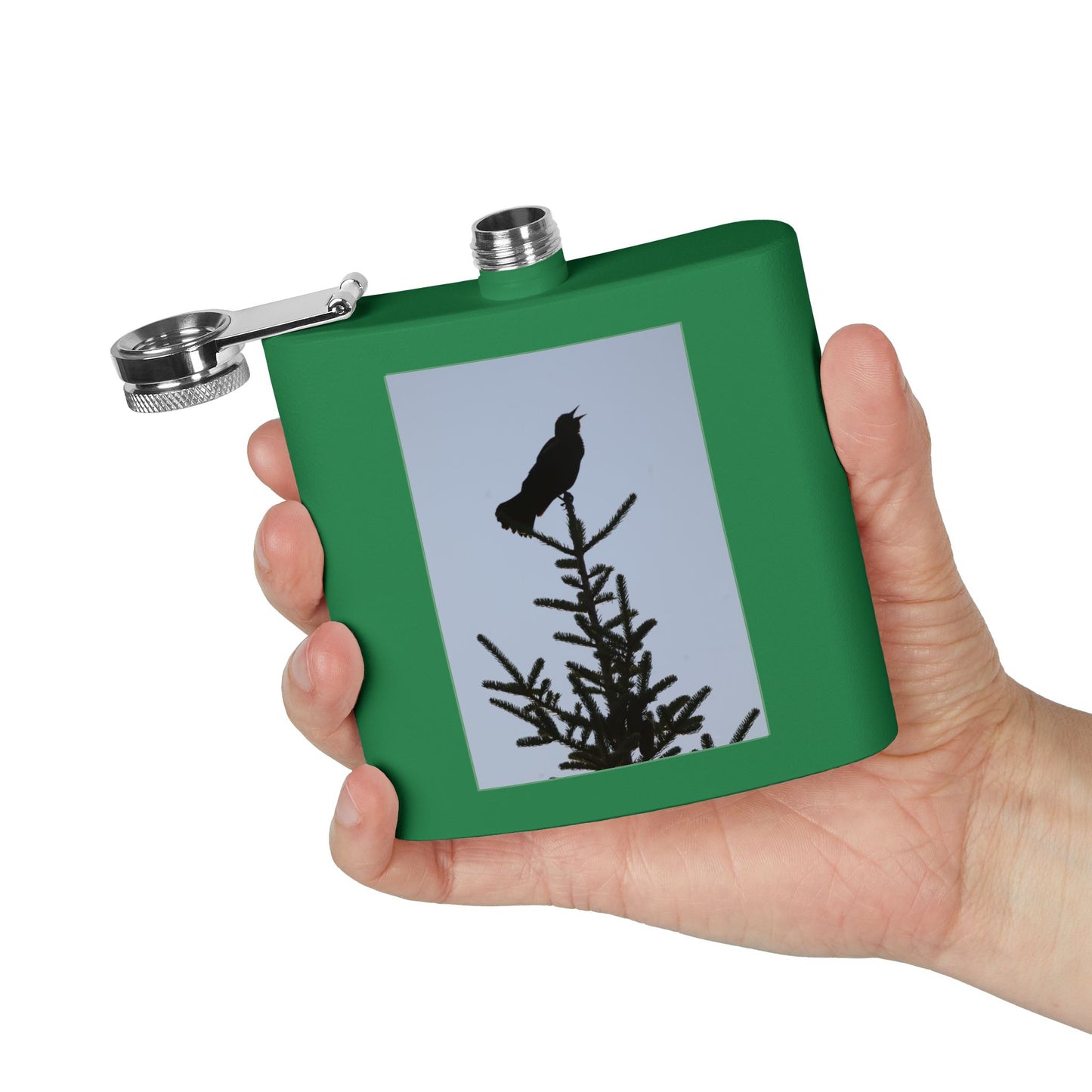 6oz Stainless Steel Flask — Silhouette Bird on Spruce Design