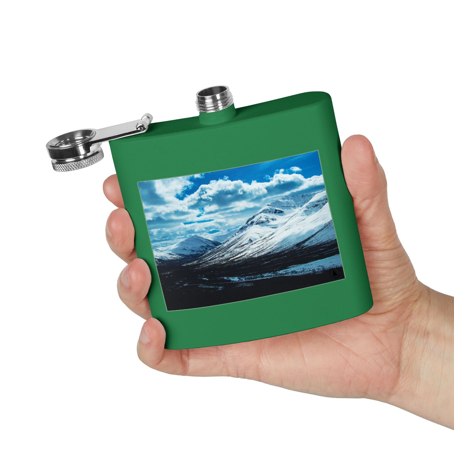 Mountain Winter Scene 6oz Stainless Steel Flask — Snowy Peaks Travel Hip Flask
