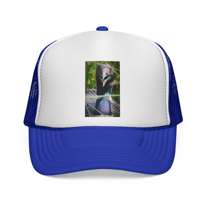 Peacock Portrait Trucker Cap — Colorful Bird Photo Mesh Hat