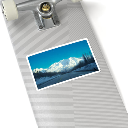 Mountain Road Scenic Kiss-Cut Sticker — Winter Landscape Laptop Decal