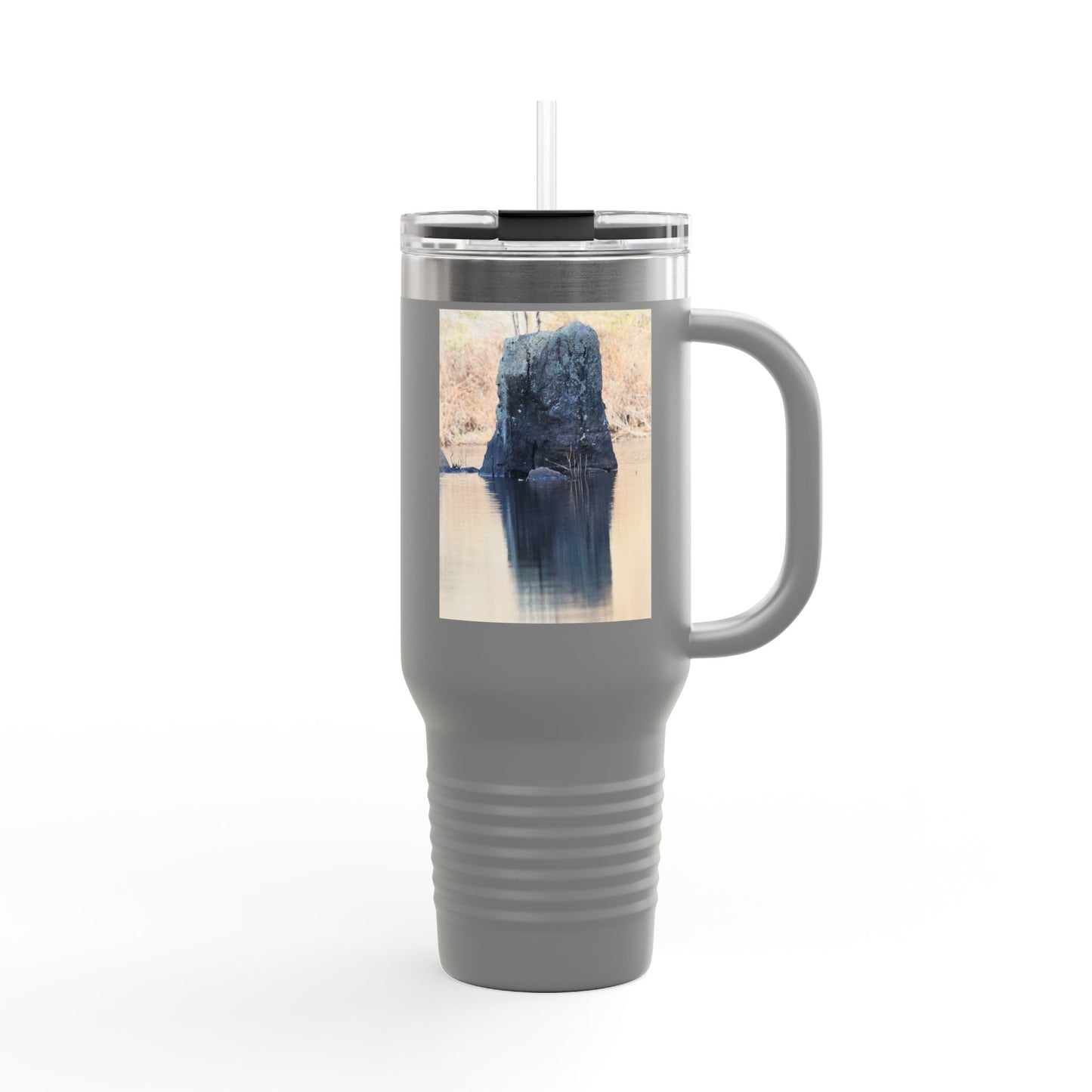 40oz Insulated Travel Mug with Scenic Forest Lake Photo
