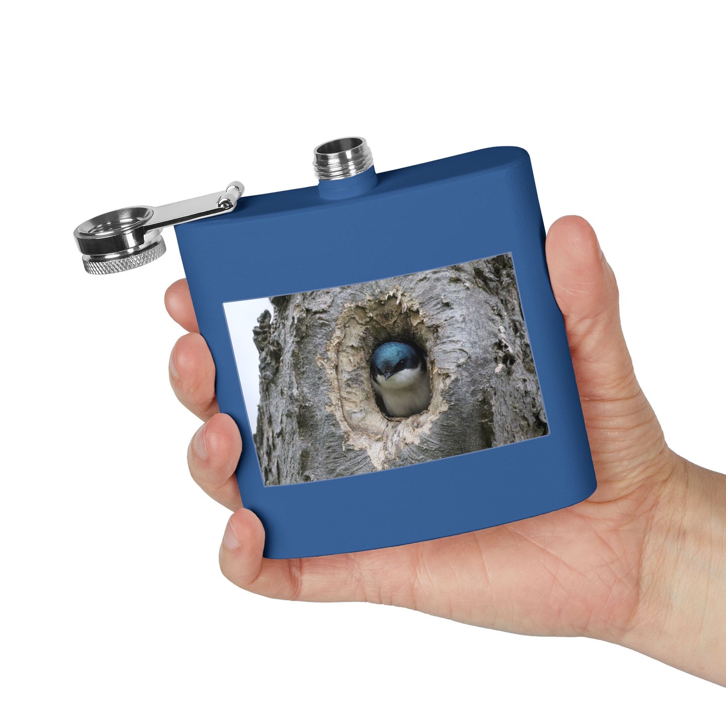 6oz Stainless Steel Flask with Tree Swallow Nest Photo — Nature Lover Gift
