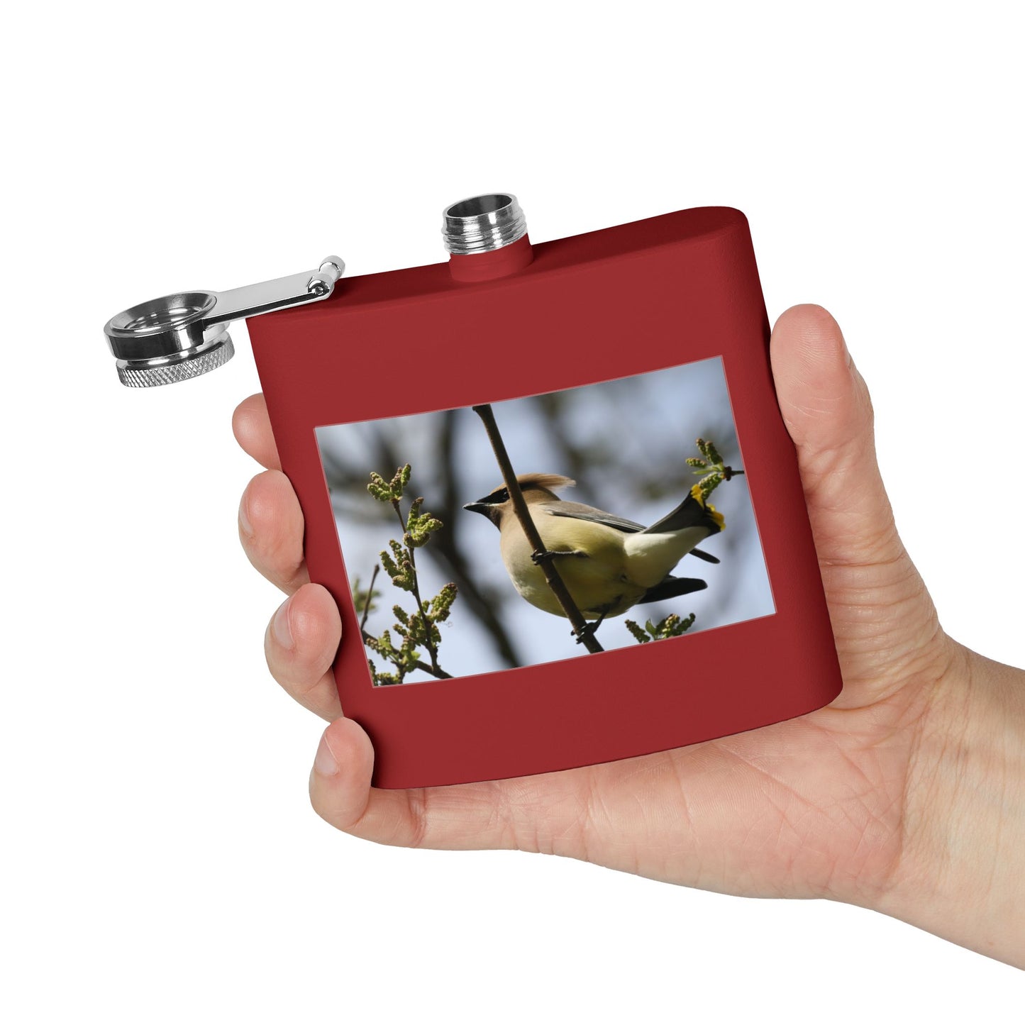 6oz Stainless Steel Flask with Cedar Waxwing Bird Photo — Wildlife Gift for Bird Lovers