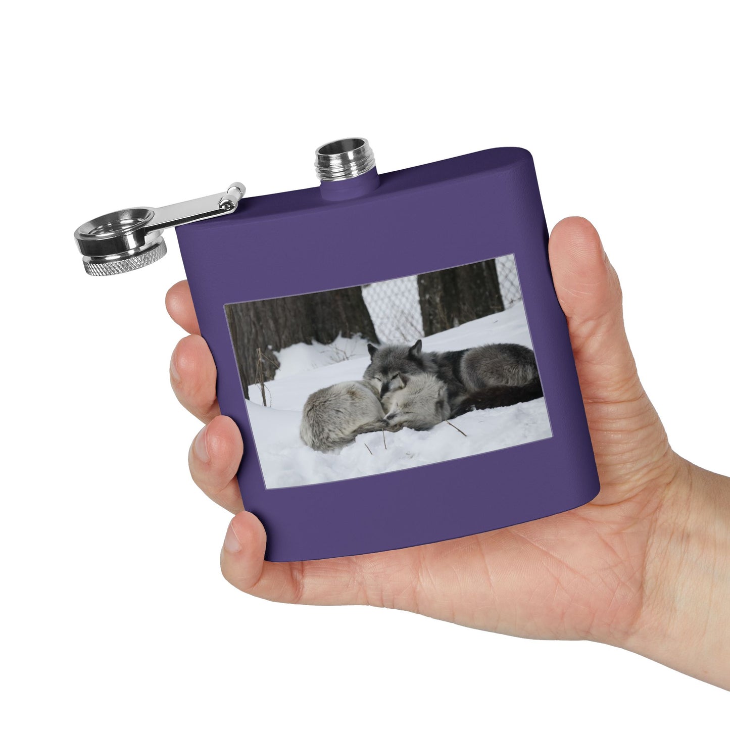 Wolf Pair Photo Stainless Steel Flask — 6oz Winter Wildlife Hip Flask