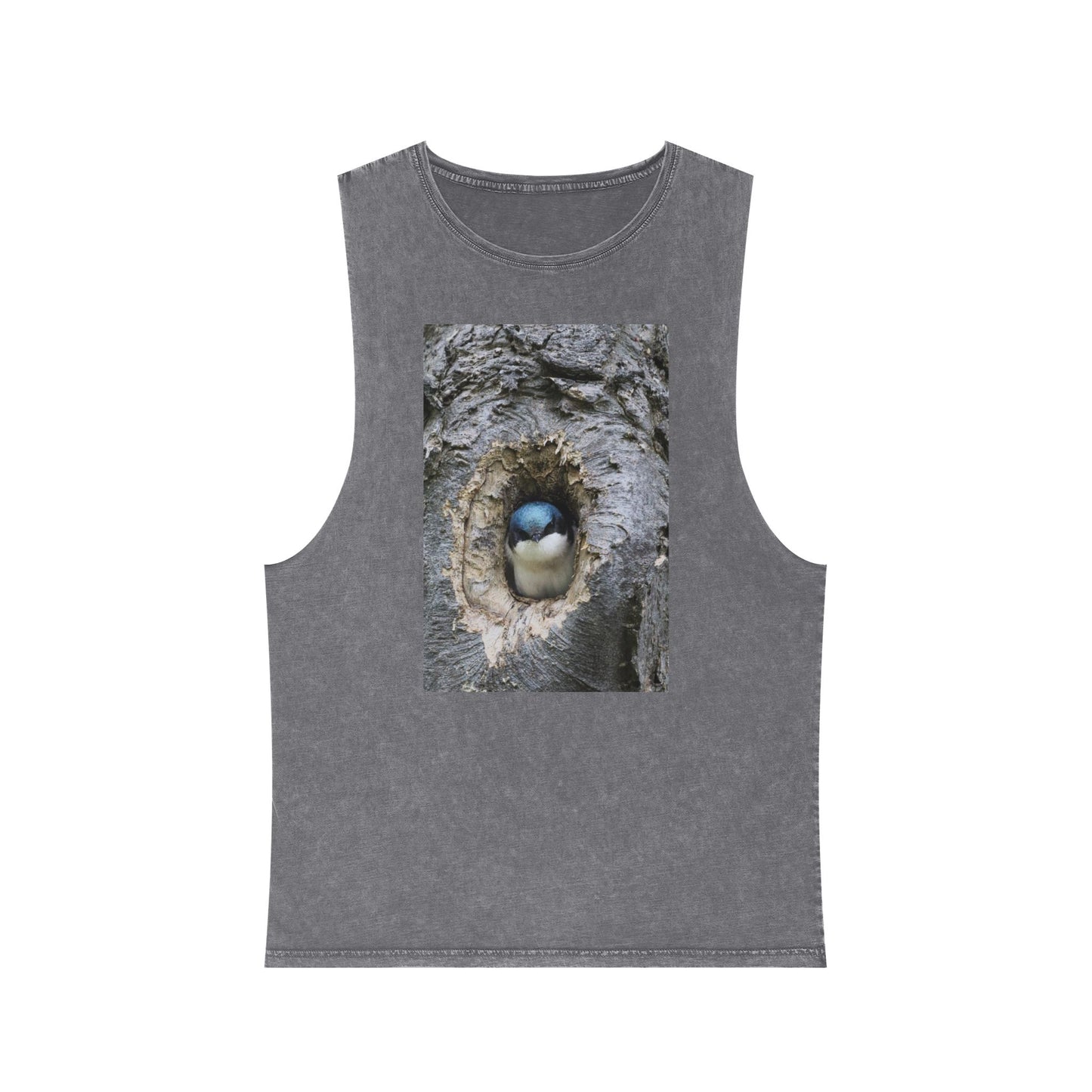 Bird Nest Photo Tank Top — Stonewash Sleeveless Tee with Chick in Hollow Tree