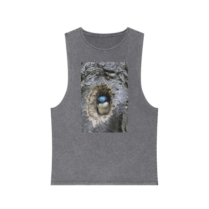 Bird Nest Photo Tank Top — Stonewash Sleeveless Tee with Chick in Hollow Tree