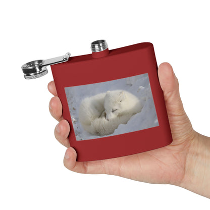 White Arctic Fox Flask — 6oz Stainless Steel Hip Flask with Sleeping Fox Photo